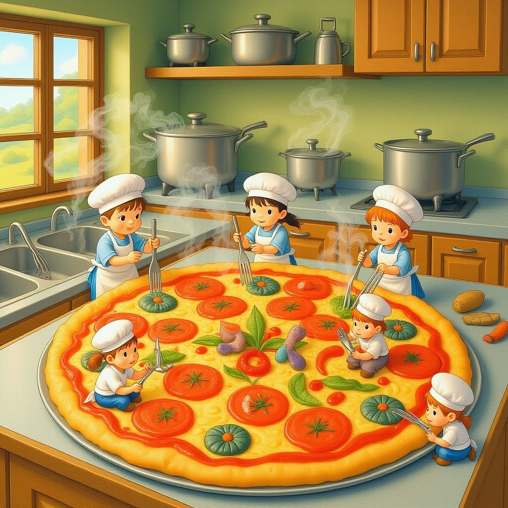 Miniature Chefs Cook Colossal Pizza: Whimsical Kitchen Scene