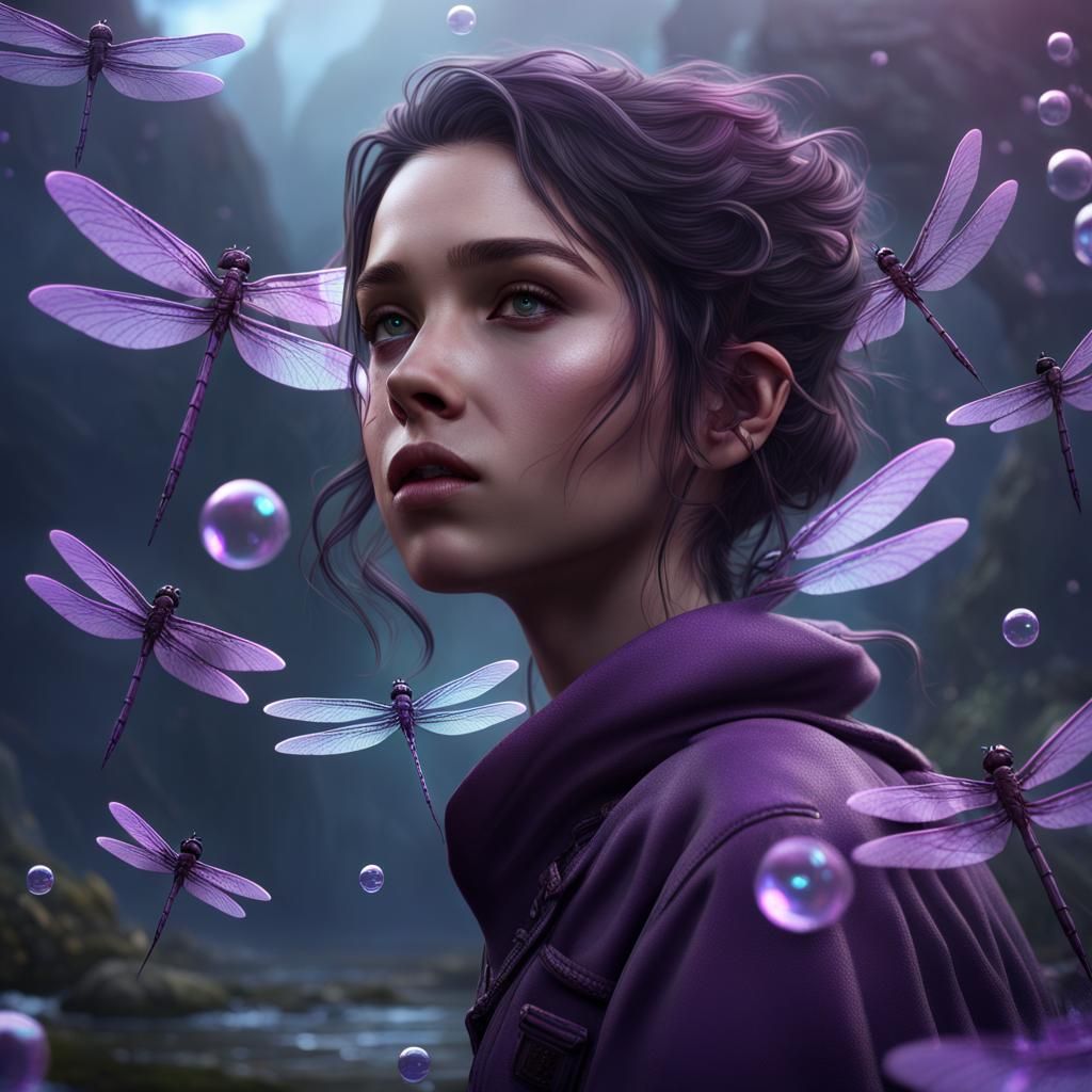 Girl in Bubble with Purple Dragonflies