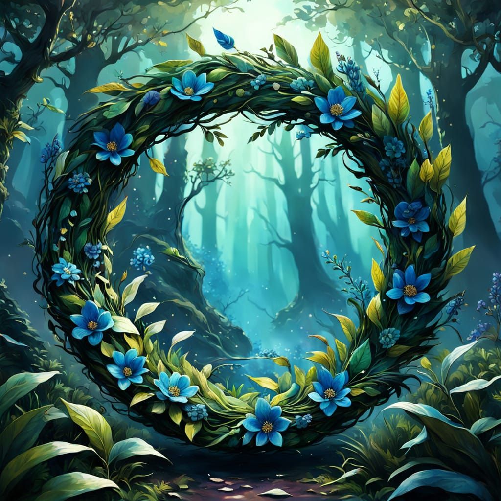 Dreamy Floral Wreath in Mystical Forest Setting