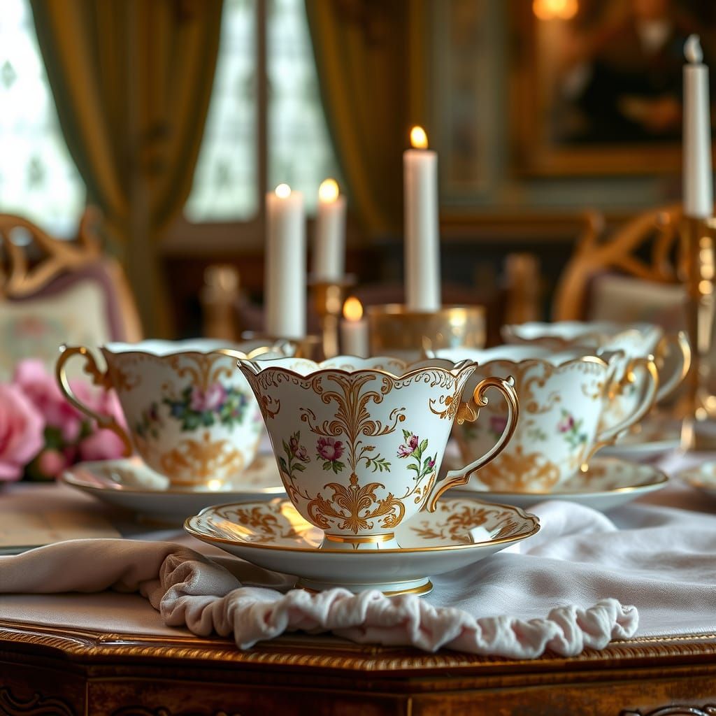 Elegant 18th Century-Style Porcelain Tea Cups with Gold Fili...
