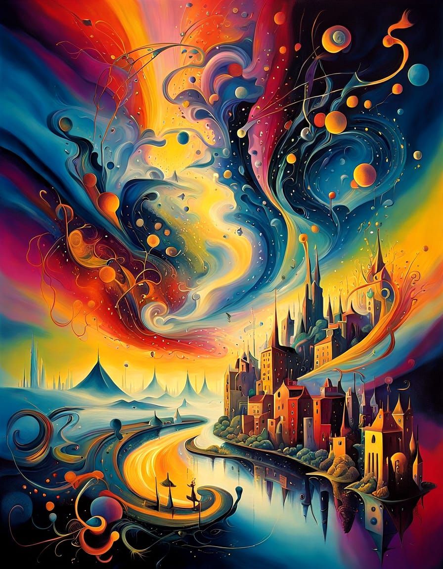 Glowing Neuron Metropolis in Surrealist Electrophonic Style