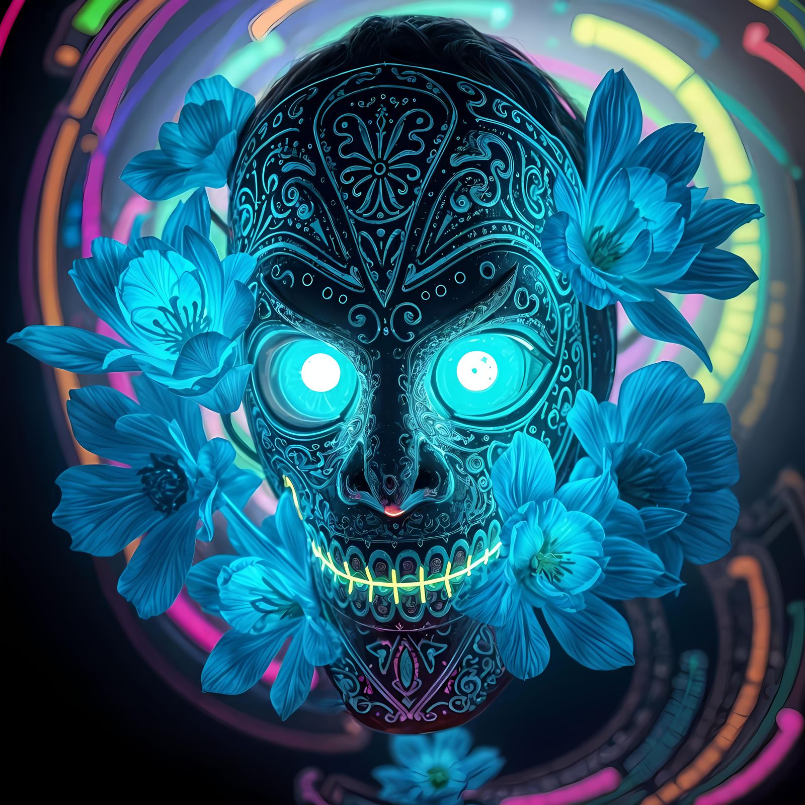Fluorescent Ancient Mask with Neon Flowers in 3D