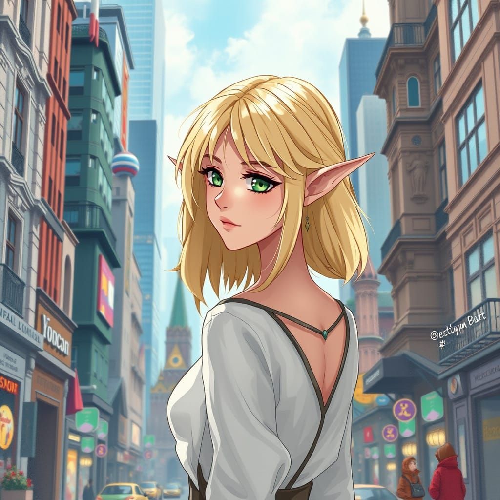 Ethereal Elf Maiden in Moscow Cityscape