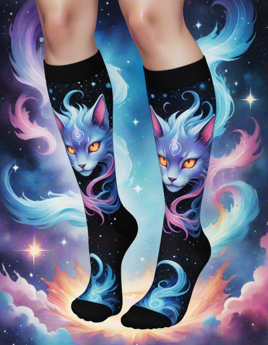Cosmic Kitsune Nebula Socks in Watercolor Style