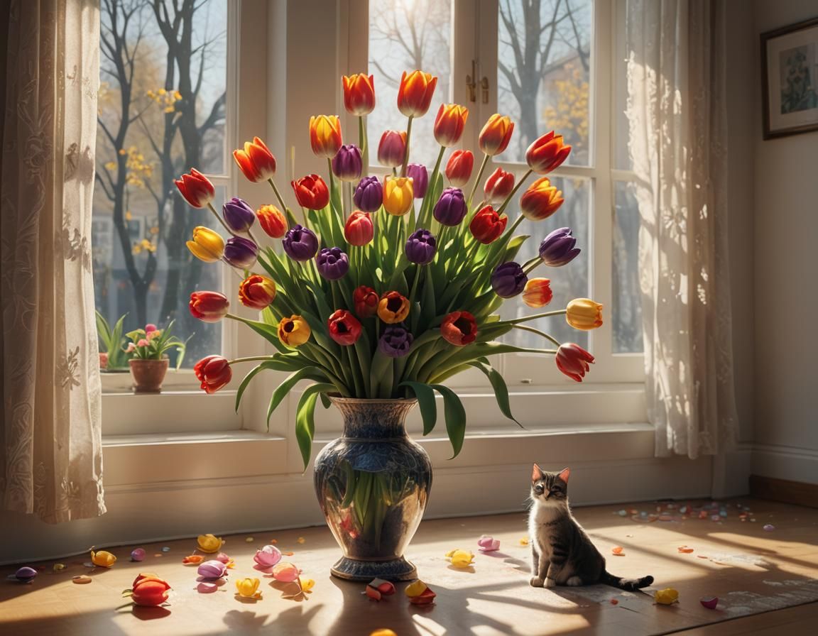 Tulips in Morning Light with Cat, Art Nouveau Style
