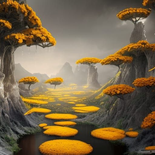 Yellow and Gray Landscape with Marigold Flowers