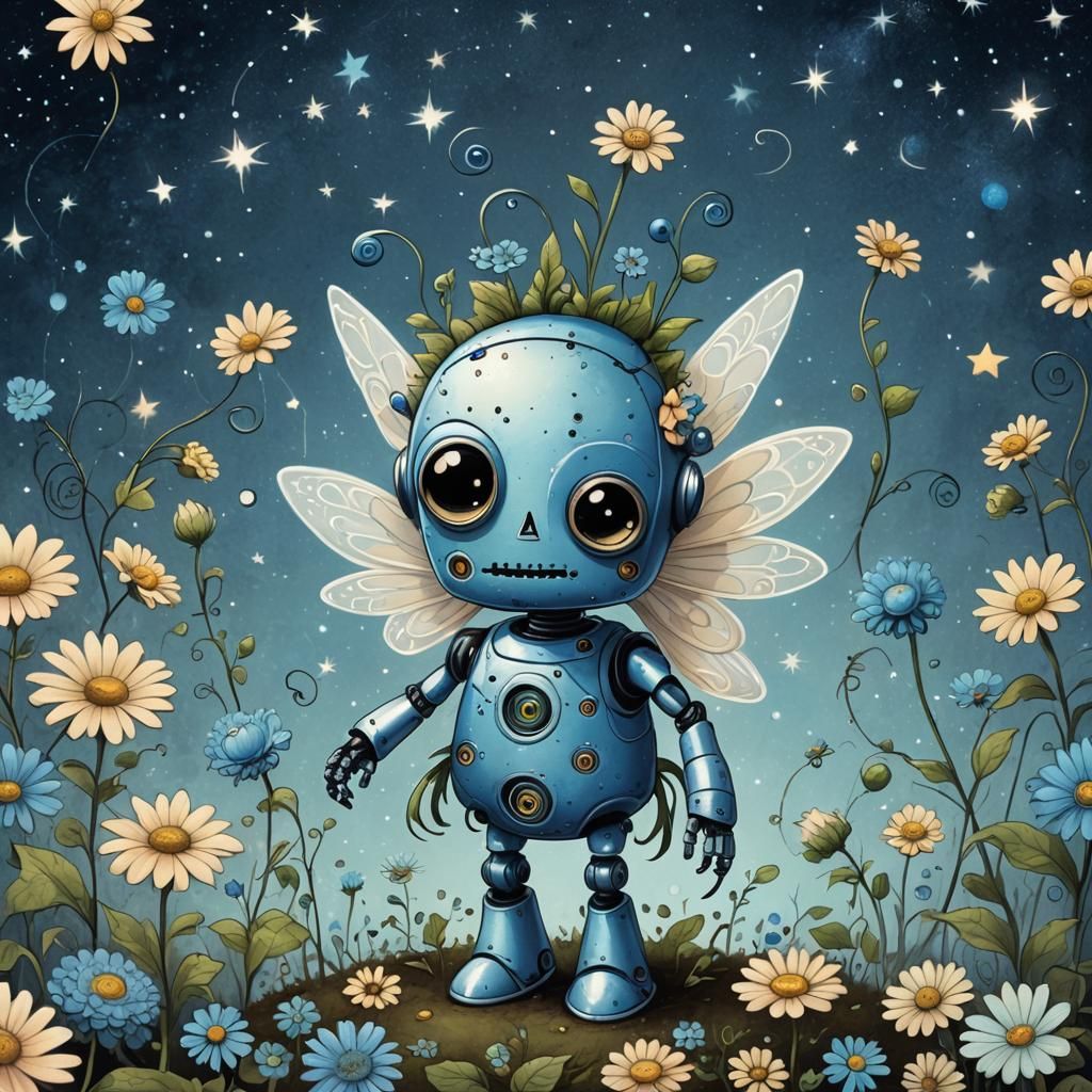 Robot Fairy Growing a Magical Flower in Burton Style