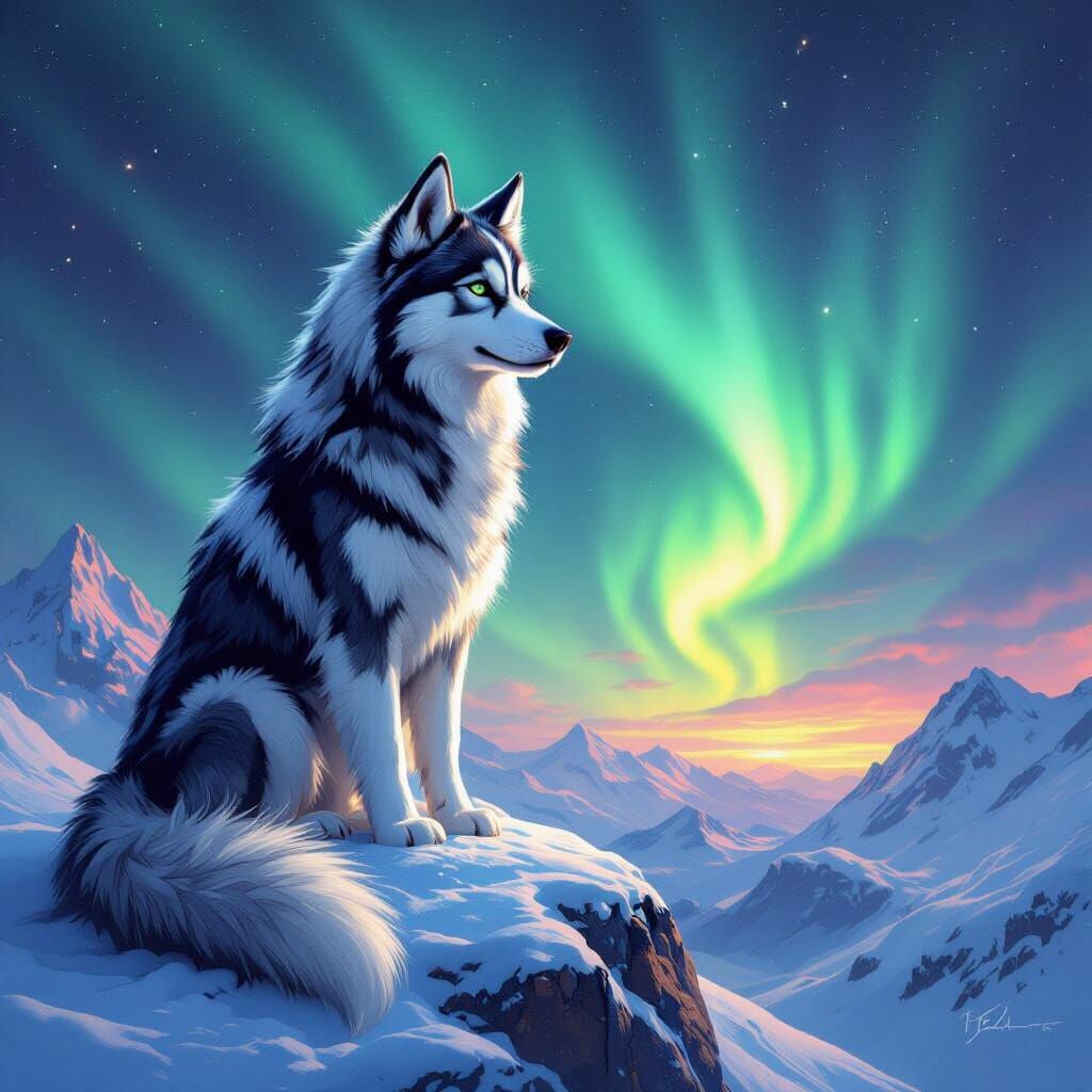 Dragon Husky on Snowy Peak Under Aurora Sky