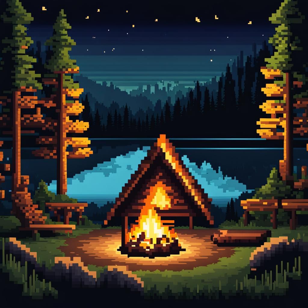 Pixel Art Campfire Scene by Lake at Night