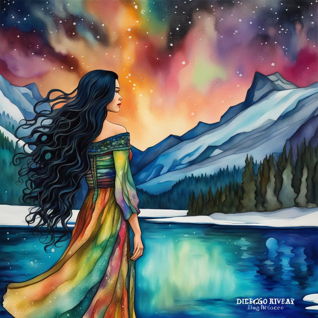 Woman by Frozen Lake with Aurora Borealis, Alcohol Ink