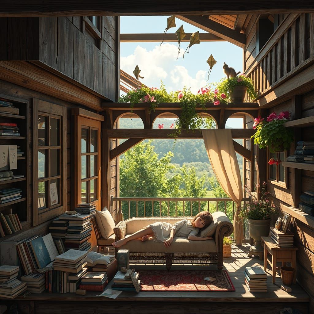 Girl on Balcony in Art Nouveau Style