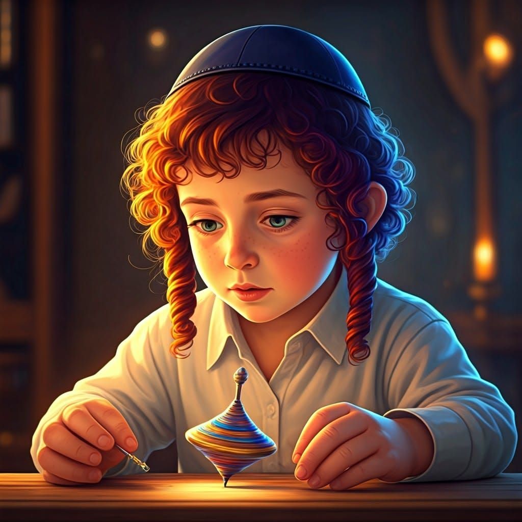 Intensely Focused Boy Plays with Ornate Spinning Top in Trad...