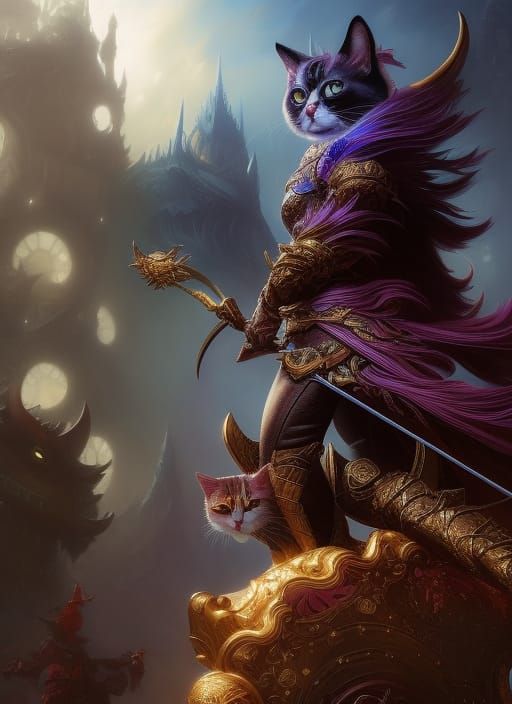 Heroic Cat Knight in Splash Art Style