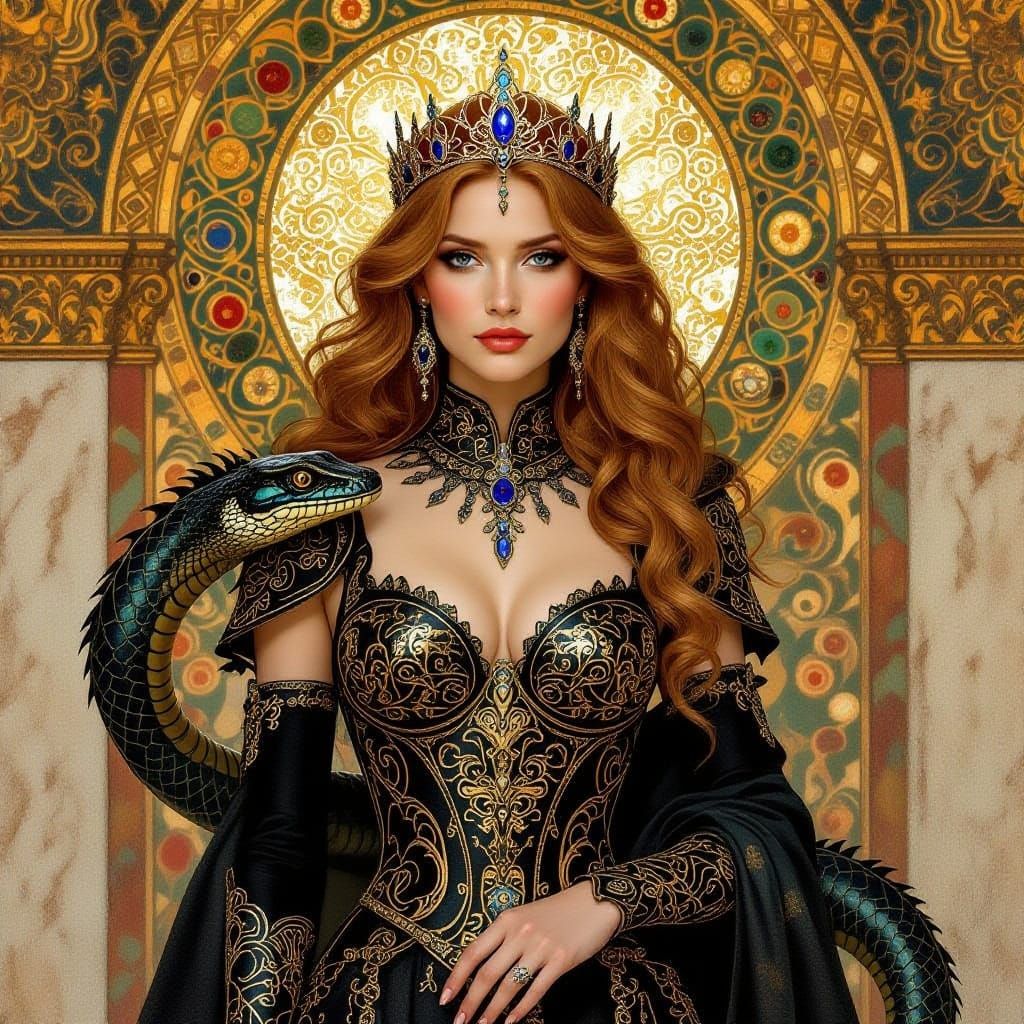 Otherworldly Woman in Ornate Armor as Ancient Fresco