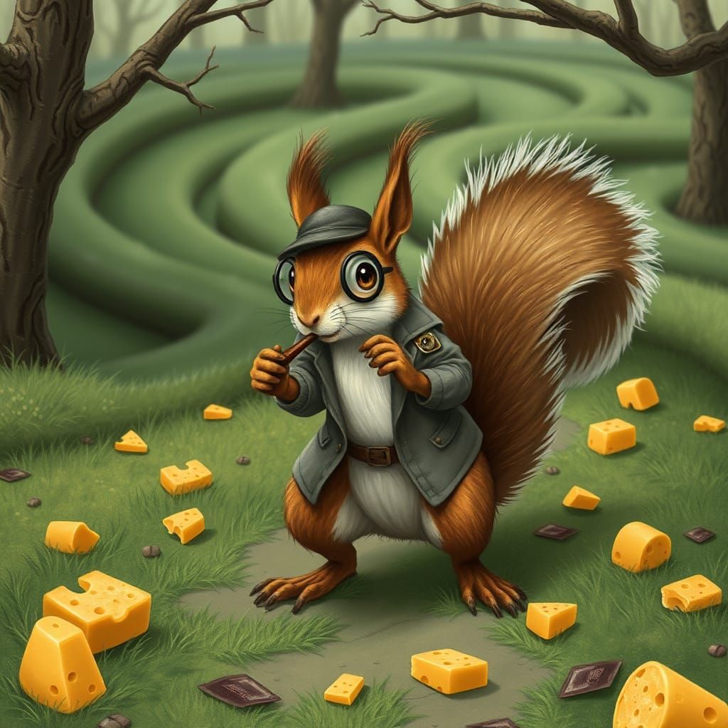Detective Squirrel Chasing Cheese in Park Maze