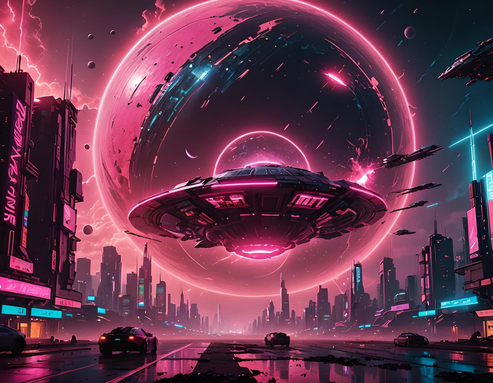 Neon Pink Planet in Cyberpunk Outer Space