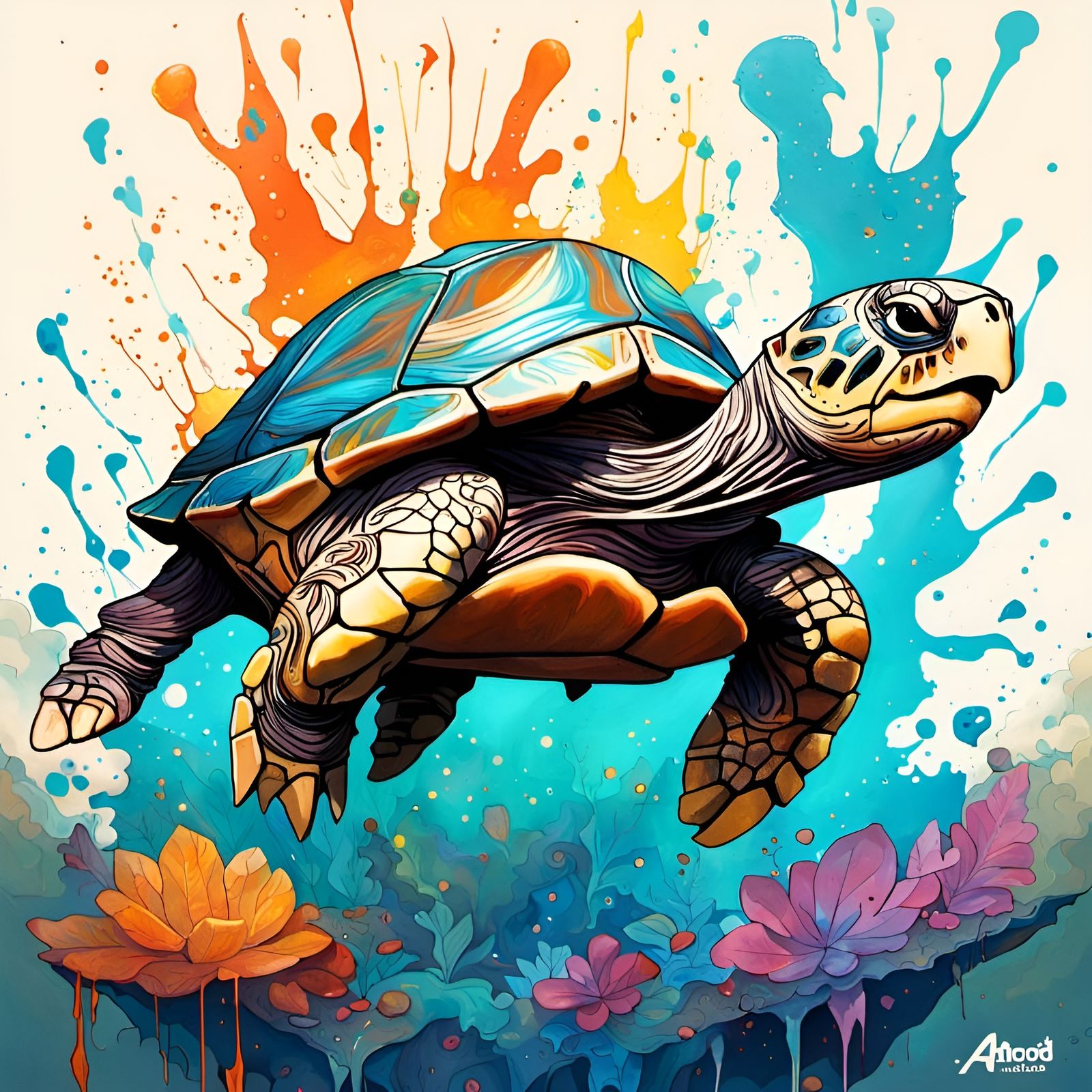 Happy Marbled Turtle in Oil Splash Style