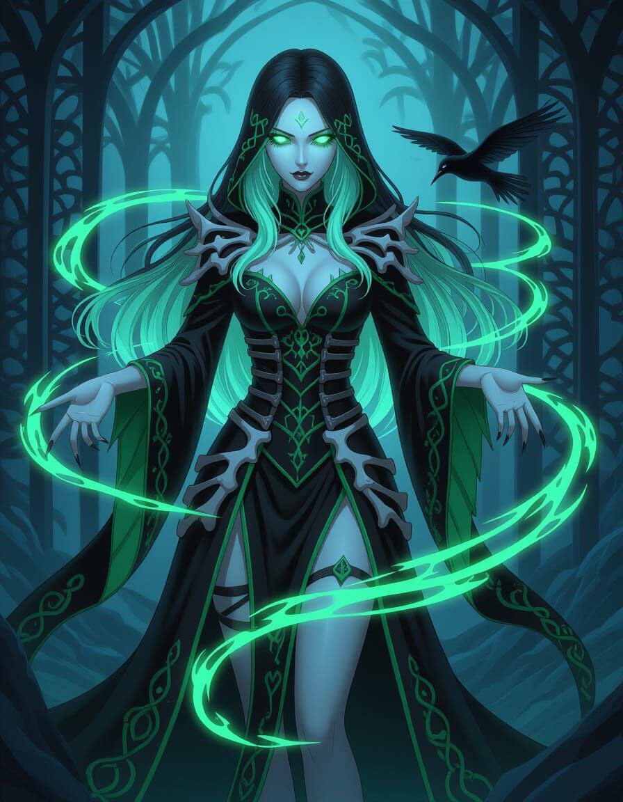 Lich Sorceress of Necrotic Magic in Anime Style