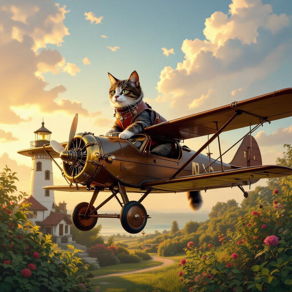 Steampunk Cat Aviator Soars Over Garden in Golden Hour