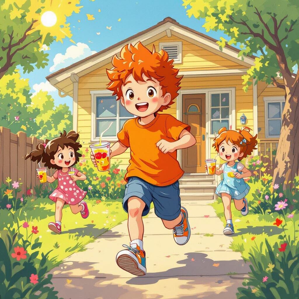 Playful Scene of Kids Chasing Boy with Juice