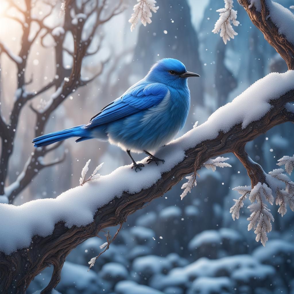 Blue Bird in Snow-Covered Tree: Detailed Matte Painting