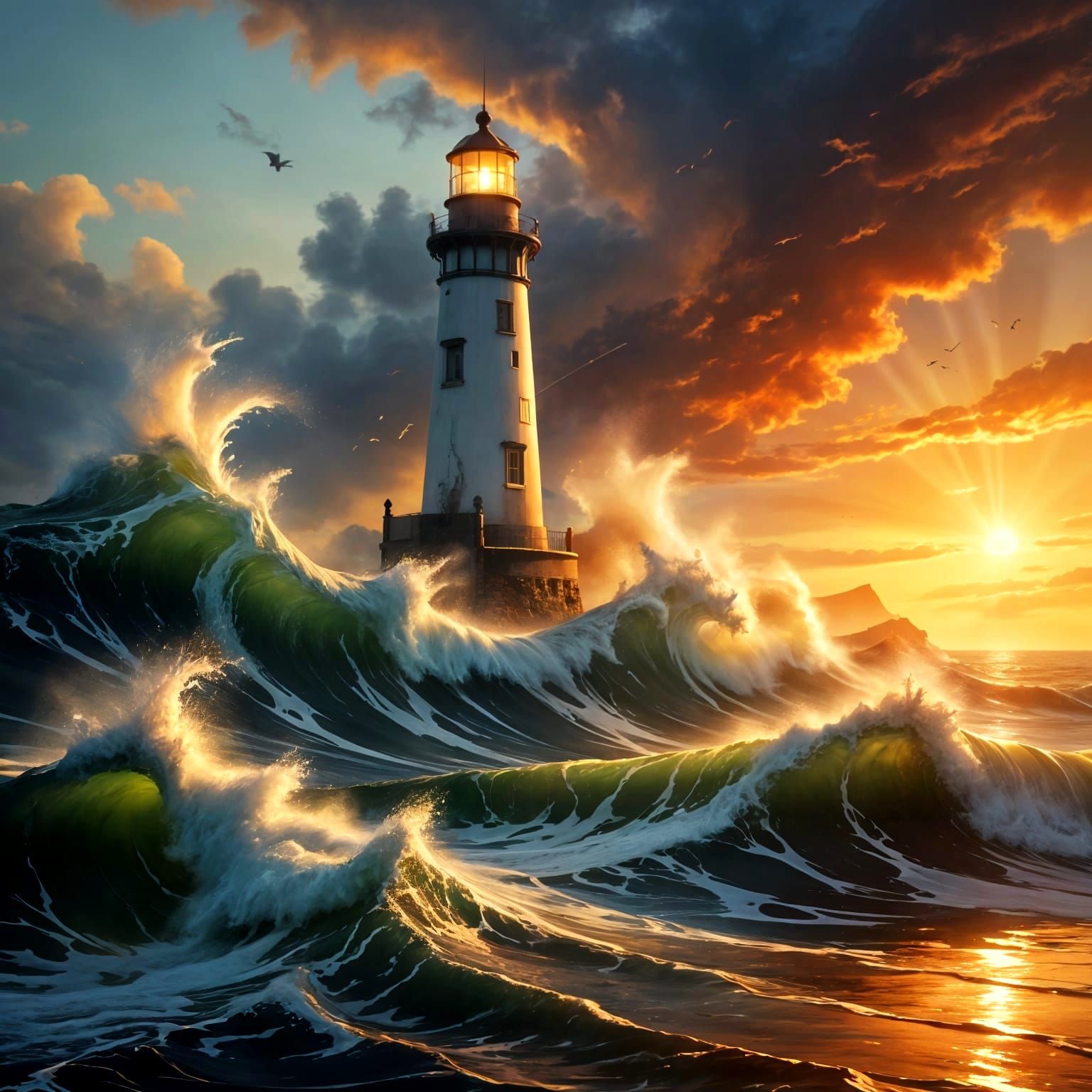 Colorscape Lighthouse Facing Huge Waves