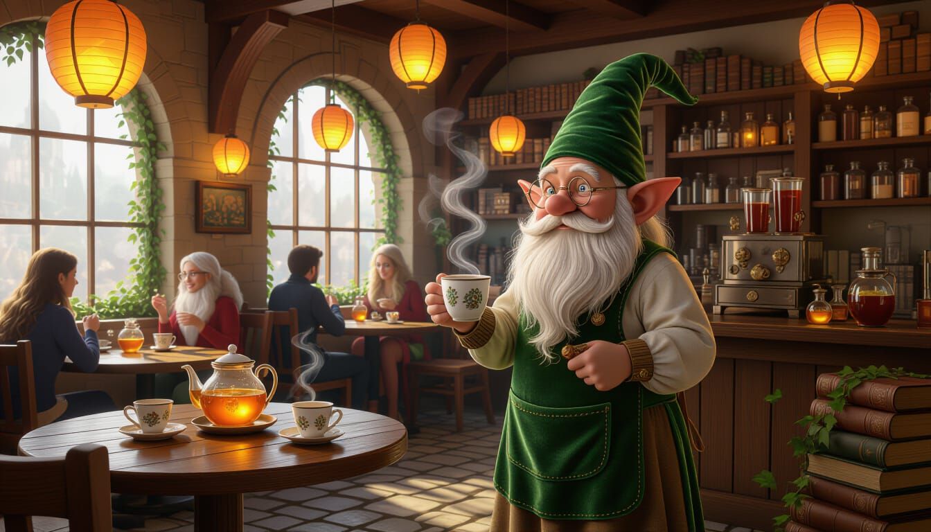 Enchanted Fantasy Cafe with Gnome Barista and Magical Detail...