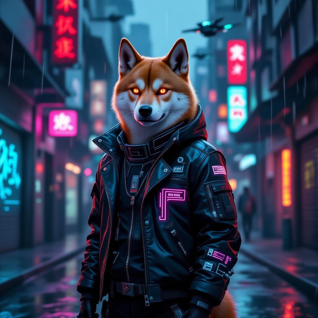 Cyberpunk Shiba Inu in Neon Alleyway