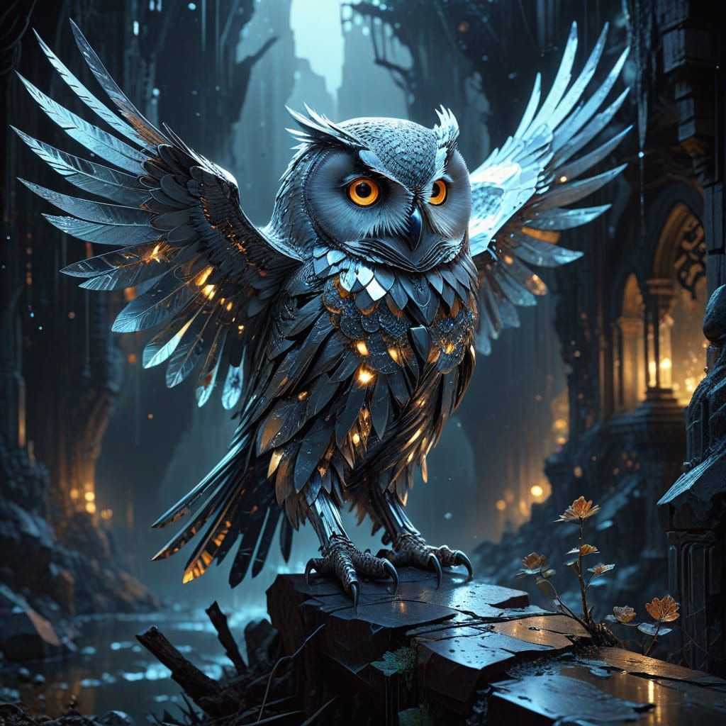 Crystallized Chrome Owl in Surrealist Style