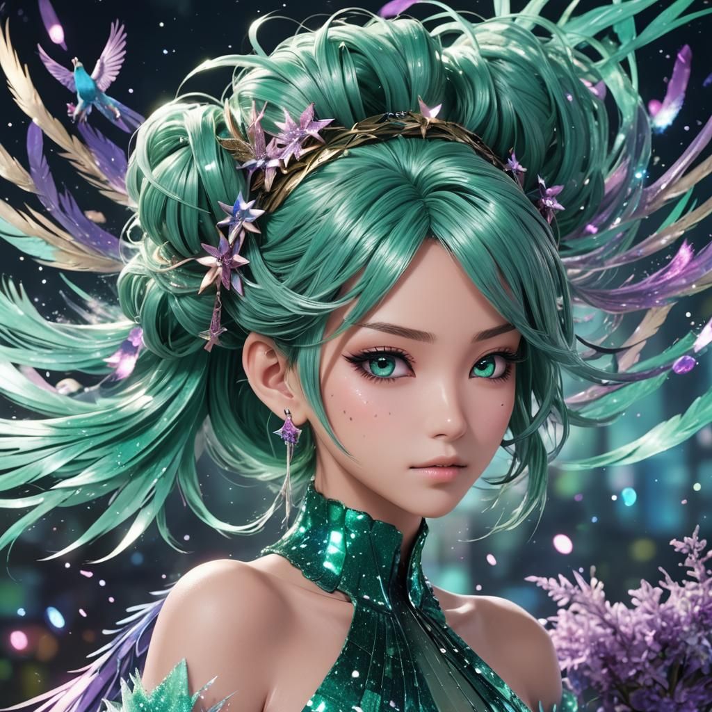 Anime Character in Star-Feather Gown