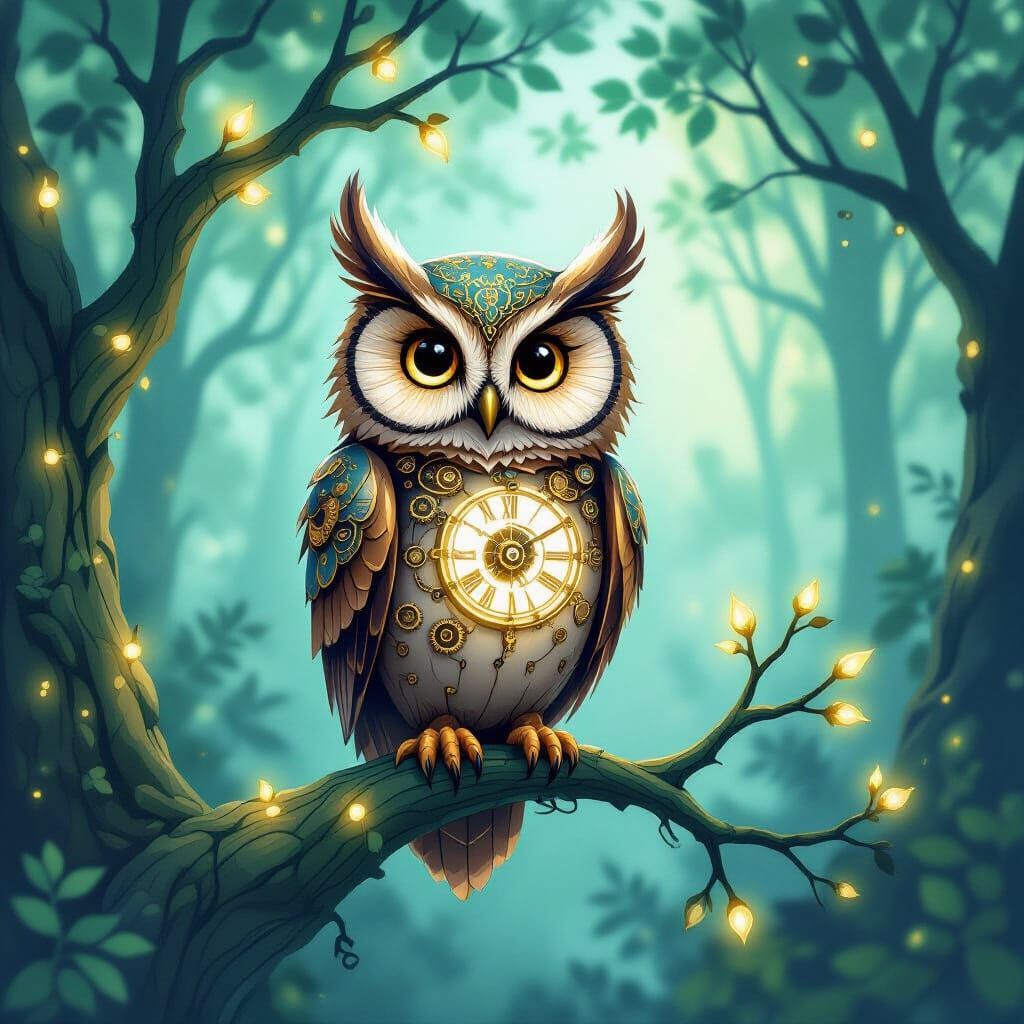 Steampunk Owl in Enchanted Forest with Bioluminescent Tree