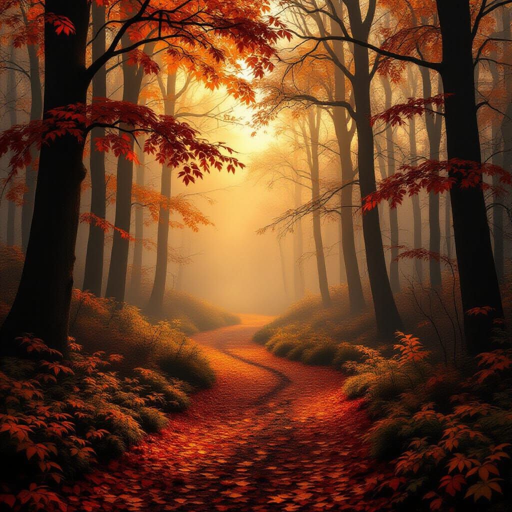 Ethereal Autumn Forest Pathway in Gentle Fog