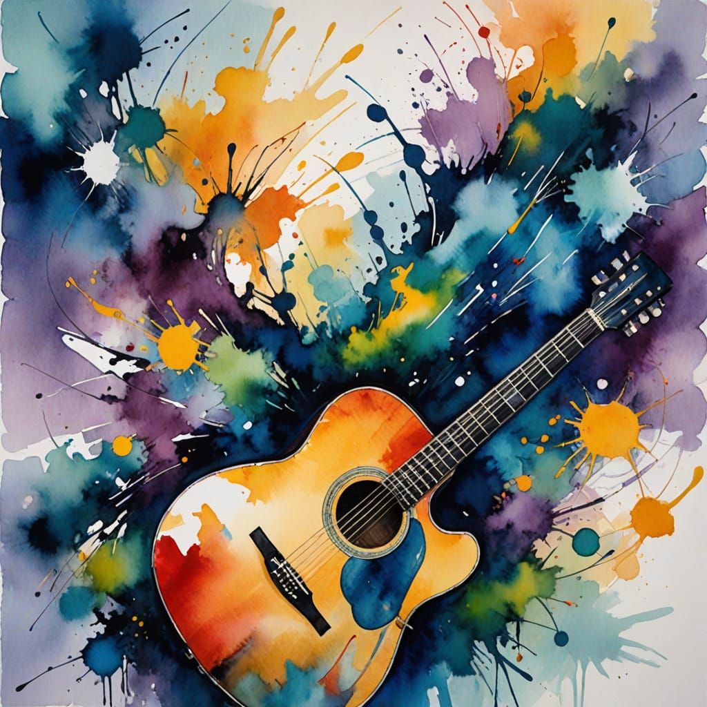 Vibrant Abstract Guitar in Swirling Watercolor Dreamscape