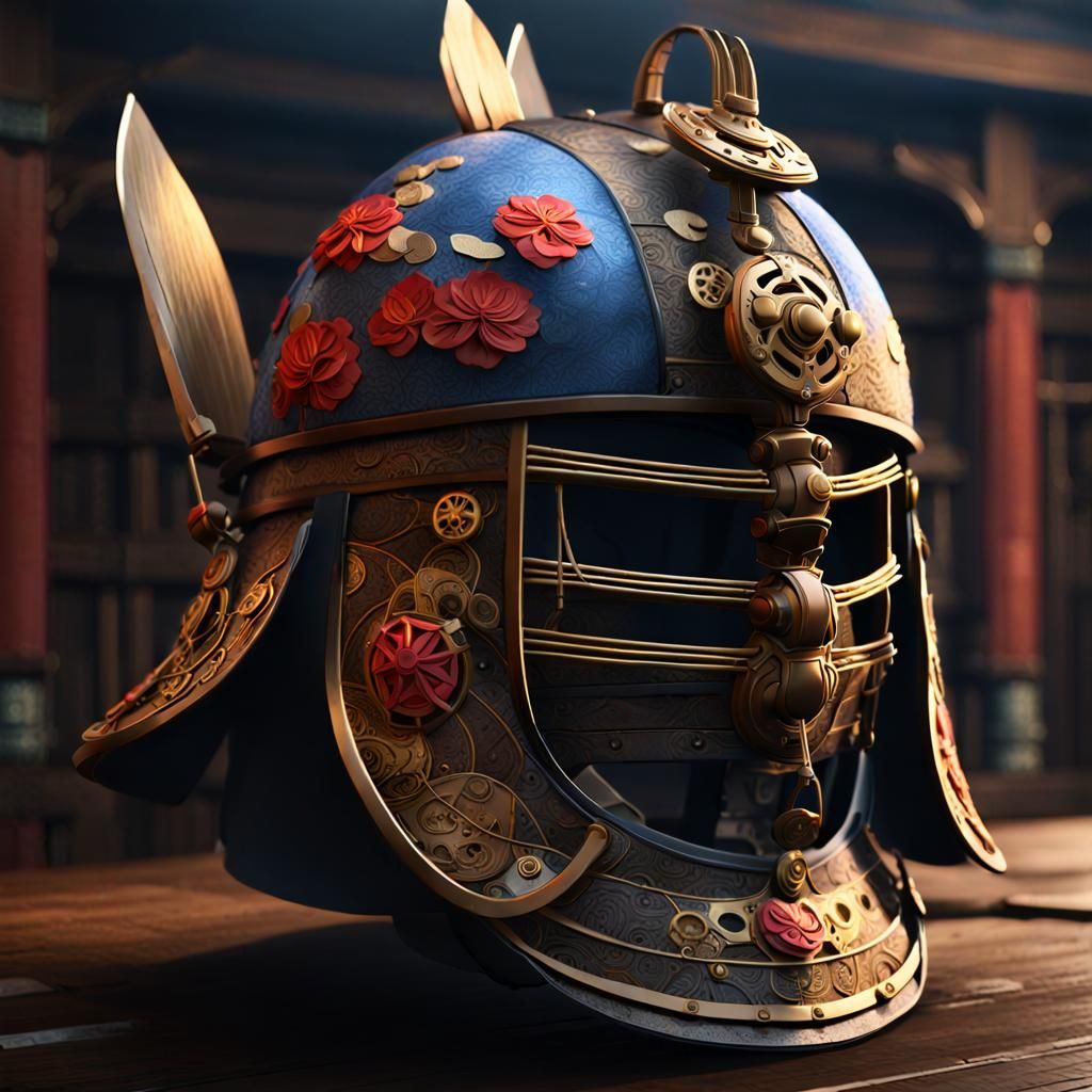 Steampunk Samurai Helmet in Detailed Matte Painting