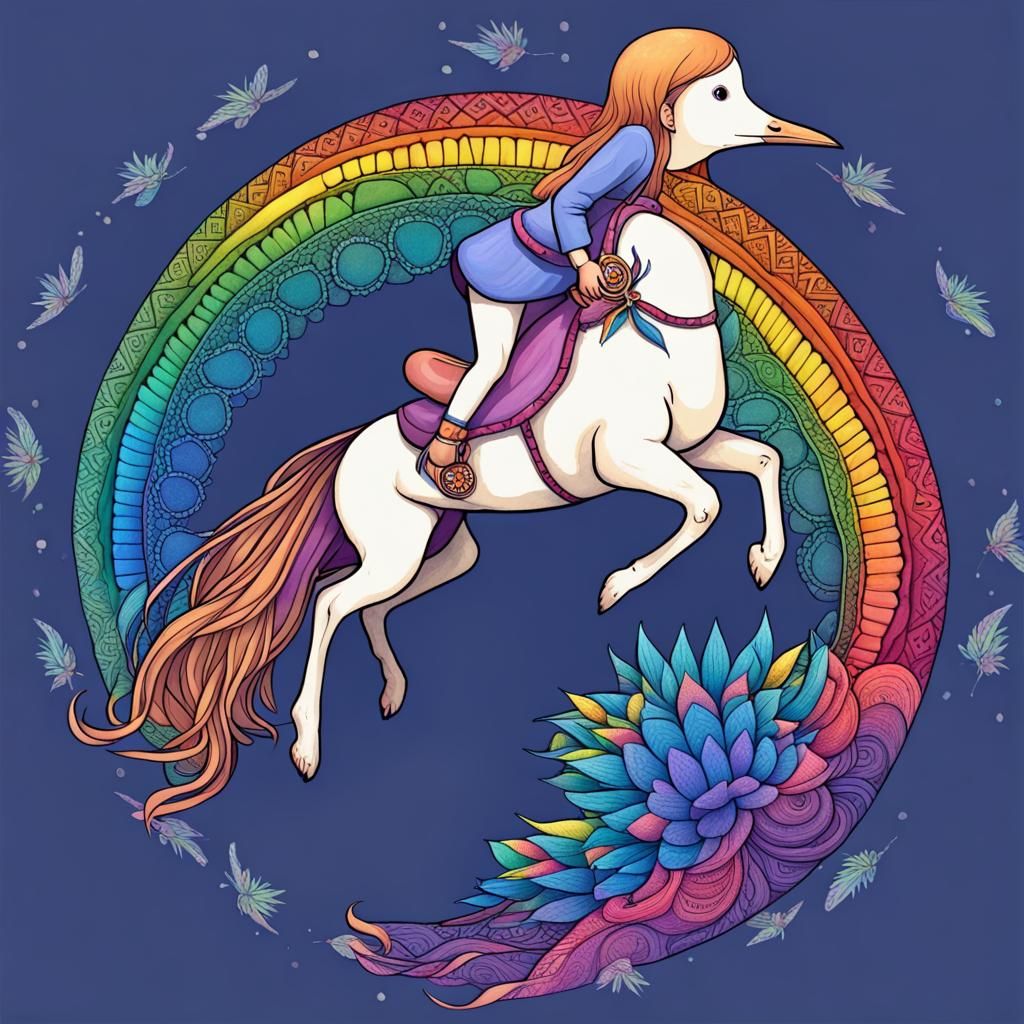 a girl riding a bird