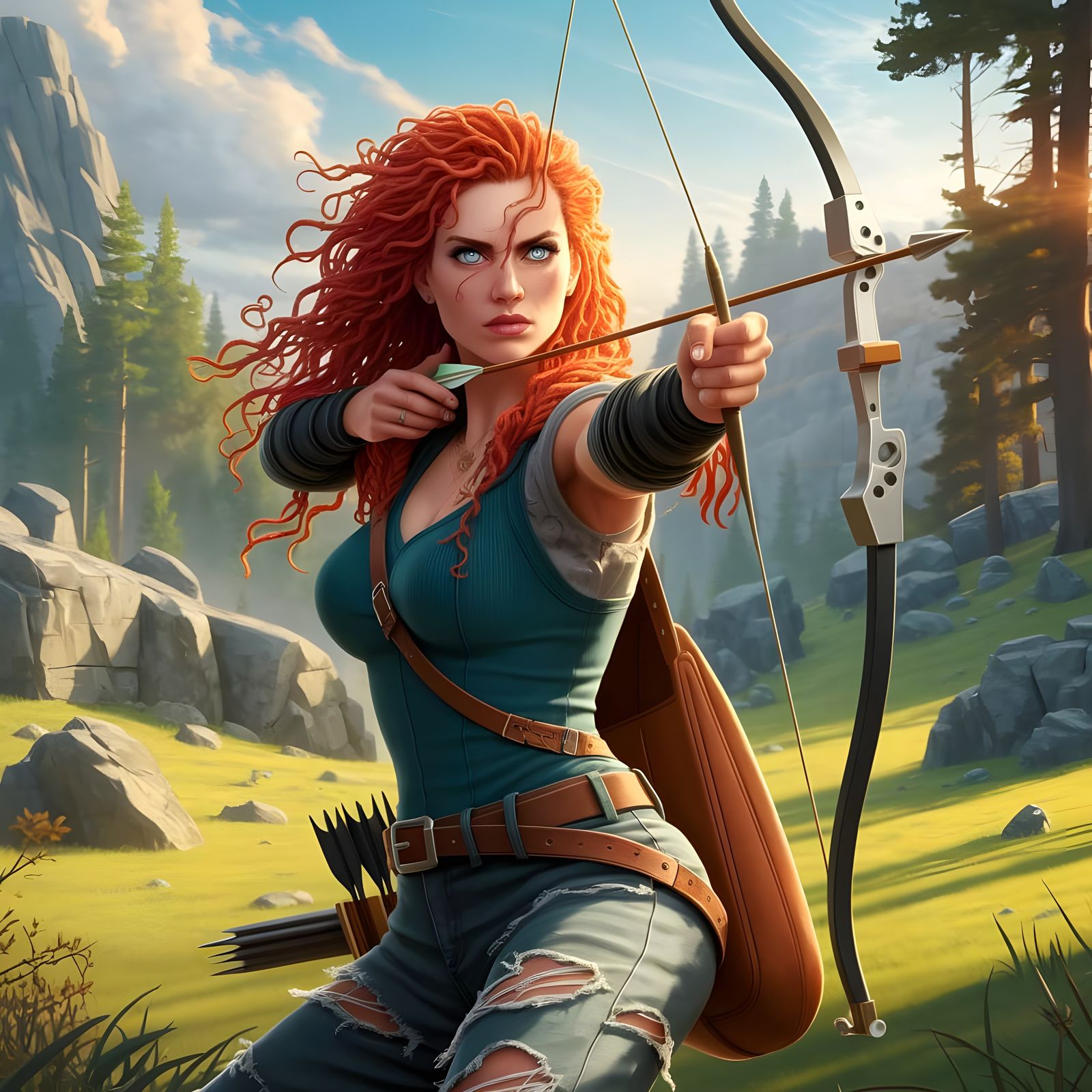Confident Redhead Archer in Forest Landscape