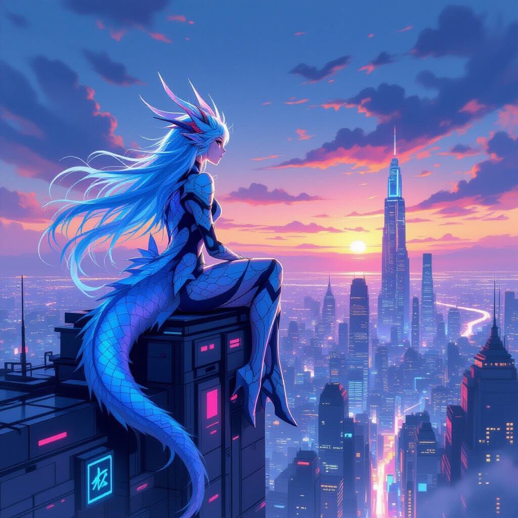 Dragon Girl Overlooking Cyberpunk City at Dusk