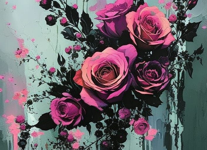 Colorful Roses with Black Line Art Illustration
