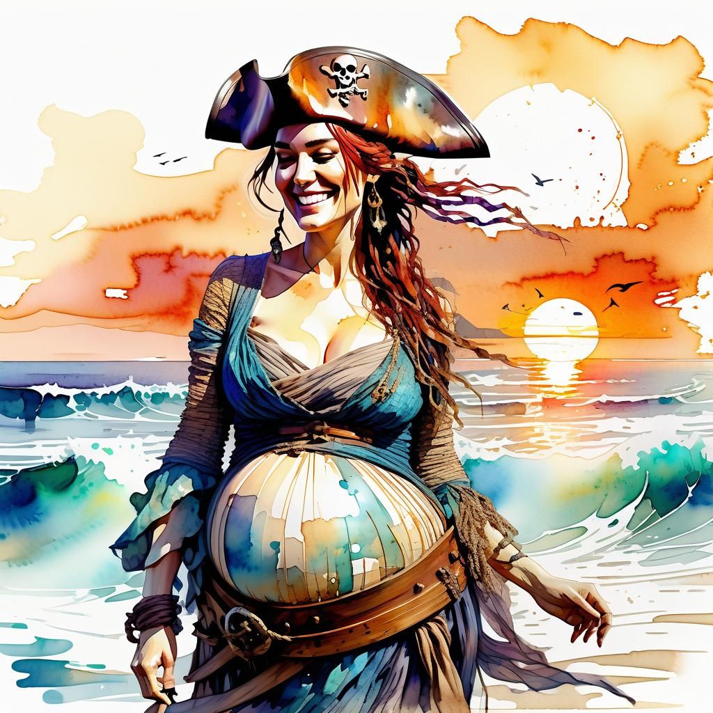 Pregnant Pirate Woman in Watercolor Fantasy Sunset