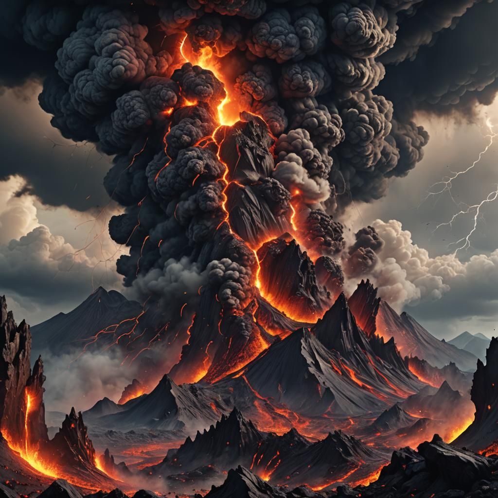 Volcanic Eruption with Lightning in Detailed Matte Painting