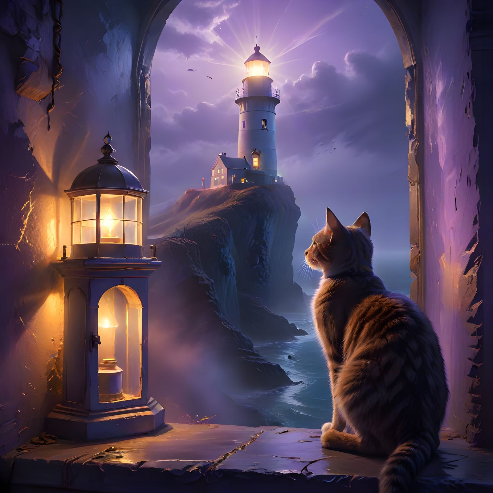 Mystical Lighthouse with Black Cat in Fantasy Realism
