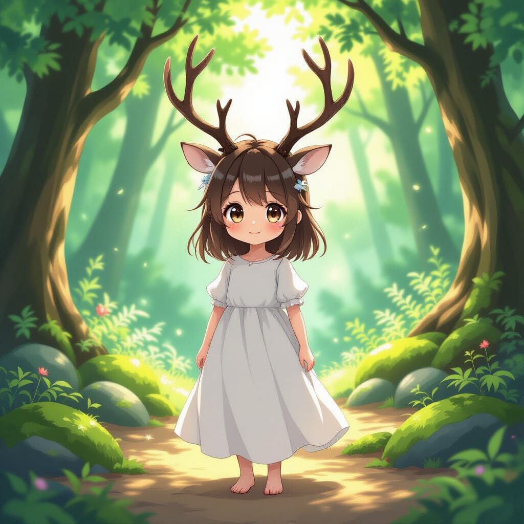 Girl With Deer Antlers in Sun-Dappled Forest