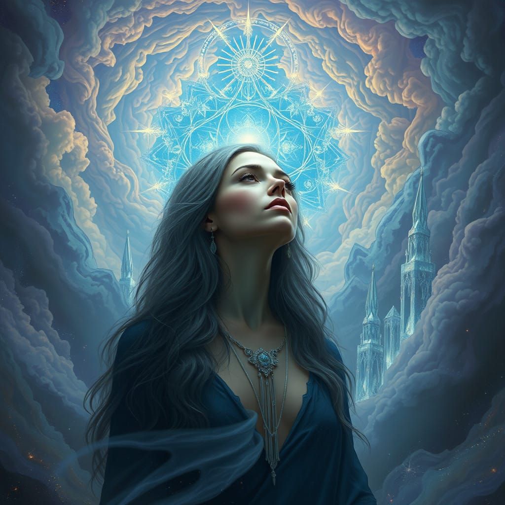 Mystical Woman in Cosmic Contemplation, Blending Surrealism...