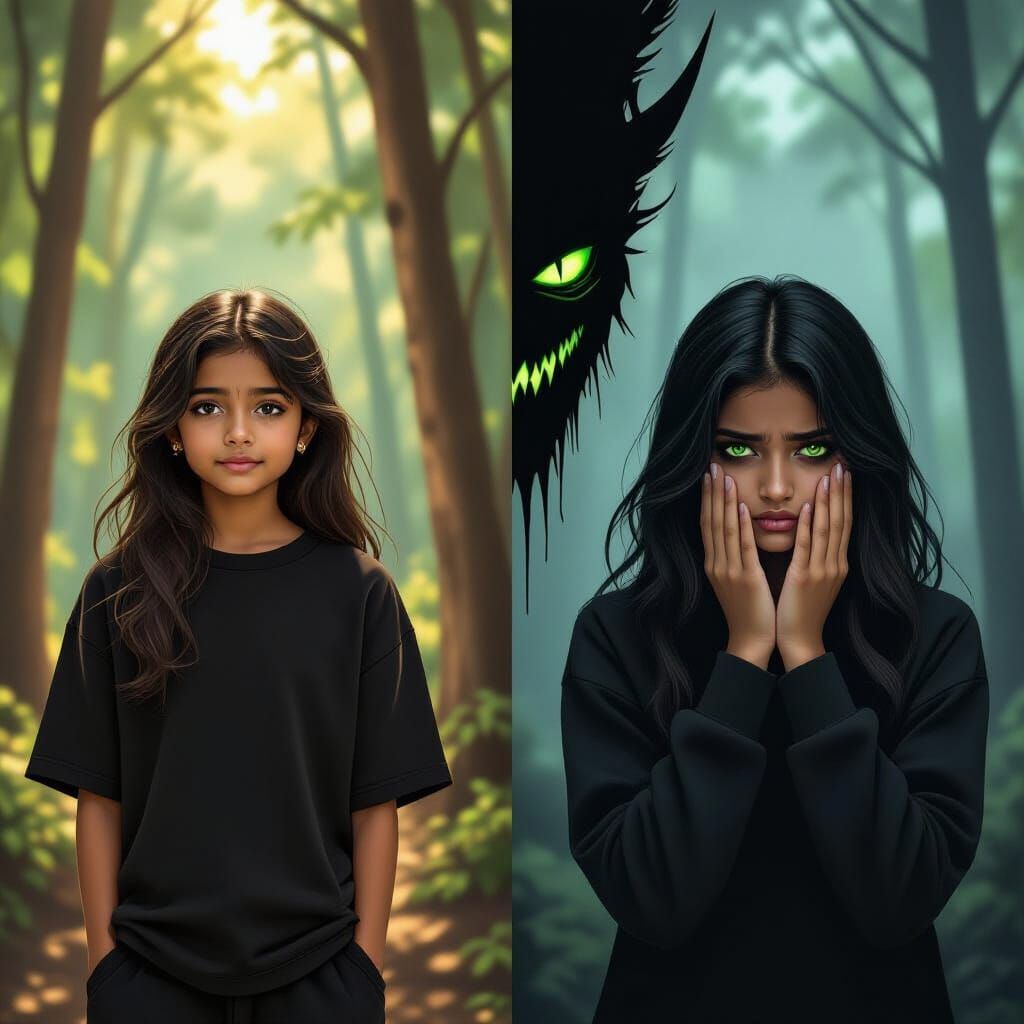 Triptych of Girl's Emotions with Ominous Claws in Forest