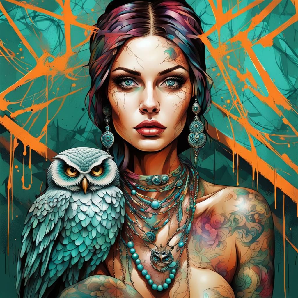 Woman with Owl in Graffiti Street Art Style