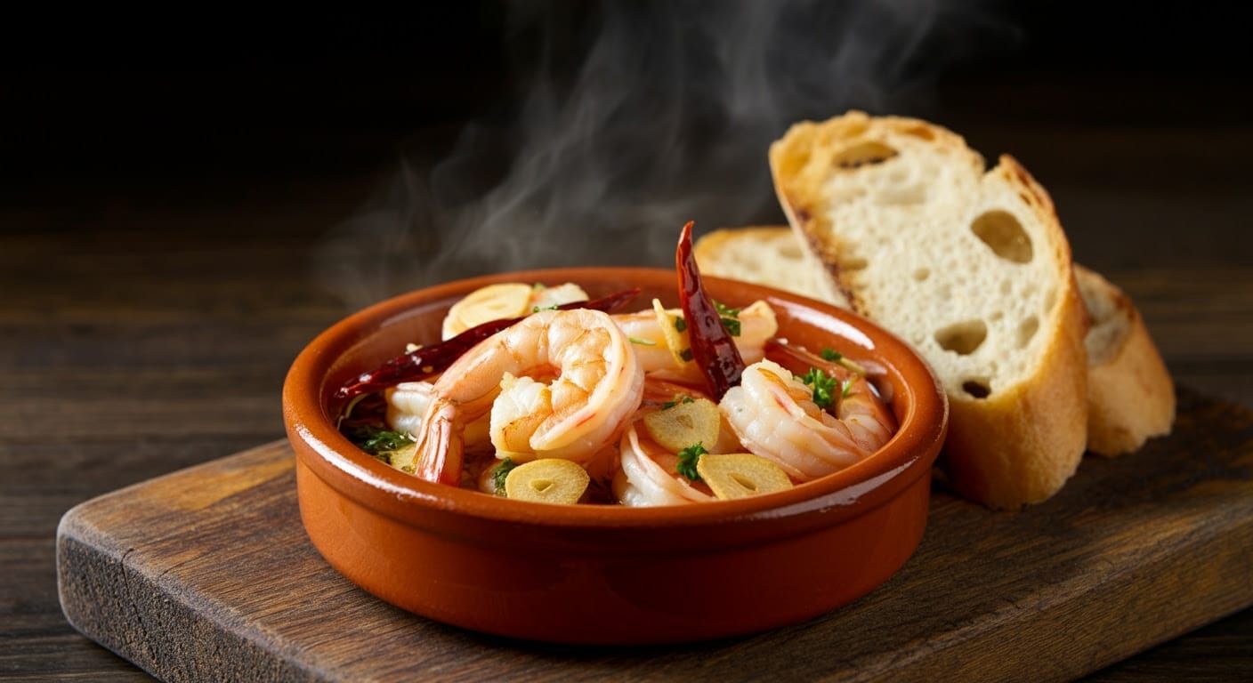 Sizzling Gambas al Ajillo in Clay Cazuela