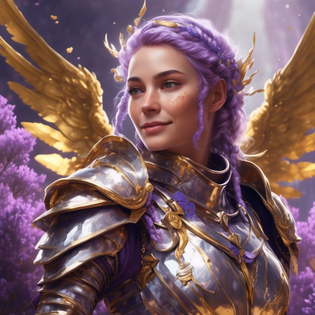 Smiling Lavender Knight in Hyperreal Style