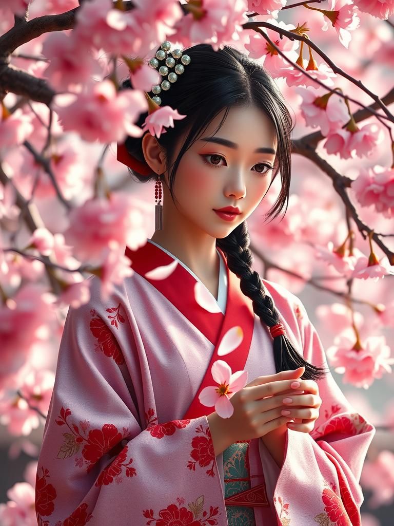 Woman in Kimono Under Cherry Blossoms: Fantasy Art