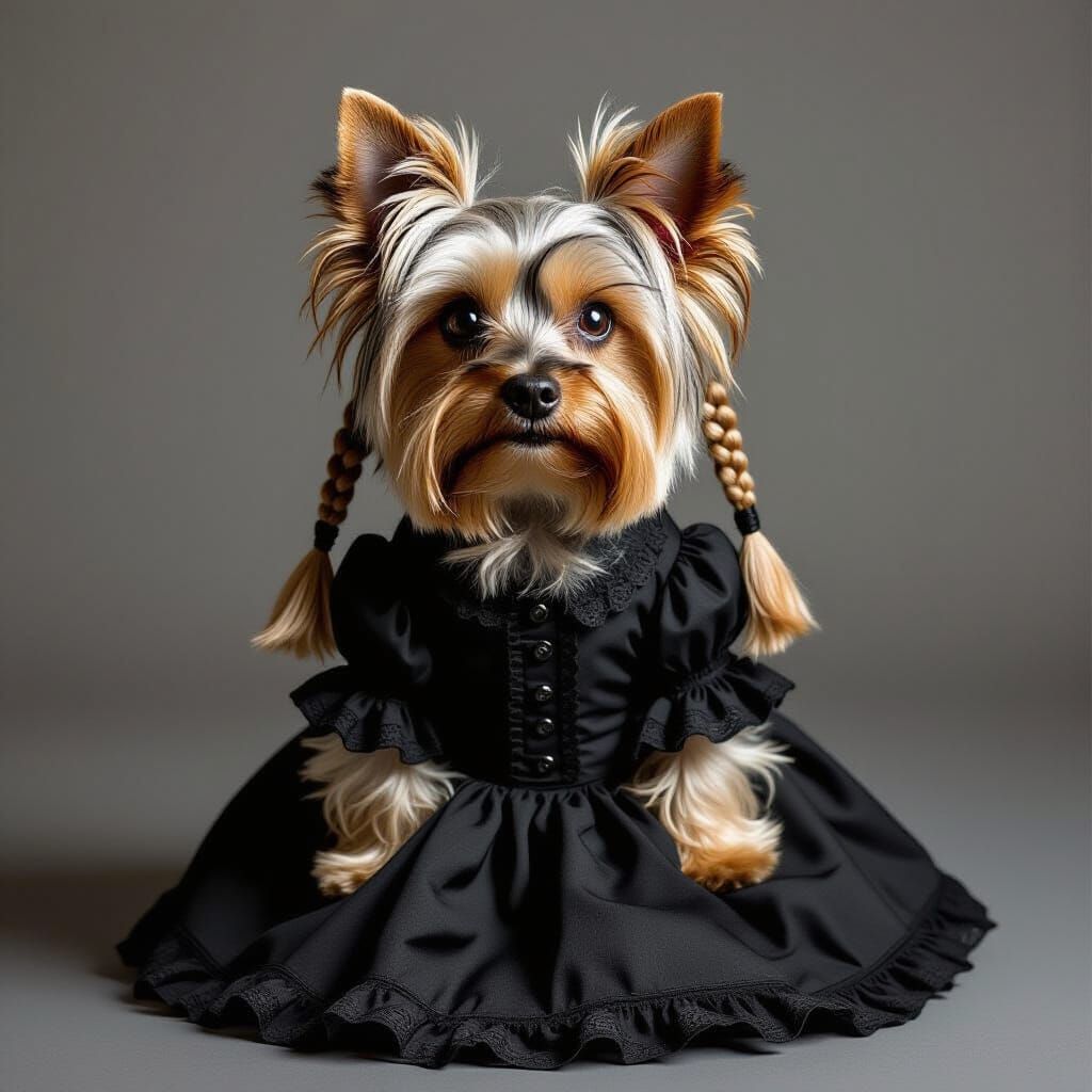 Yorkshire Terrier as Wednesday Addams in Tim Burton Style