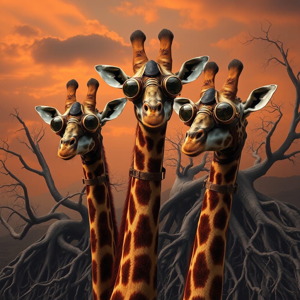 Steampunk Giraffes in Goggles Amidst Ancient Tree Roots